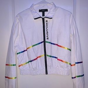 F21 Exclusive Graphic Striped-Trim Rainbow Cropped Windbreaker